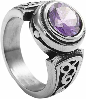 PAMTIER Unisex Stainless Steel Silver Vintage Classic Round Gemstone Signet Biker Wedding Ring
