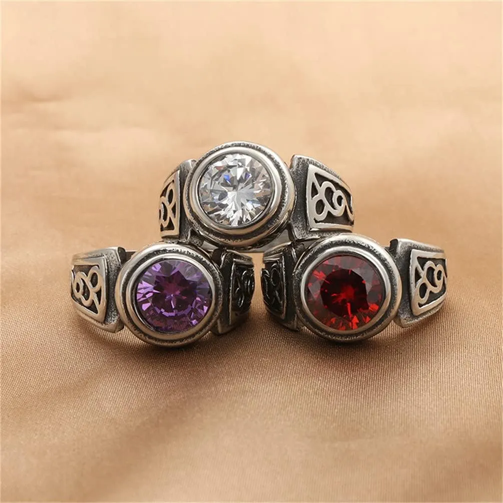 PAMTIER Unisex Stainless Steel Silver Vintage Classic Round Gemstone Signet Biker Wedding Ring