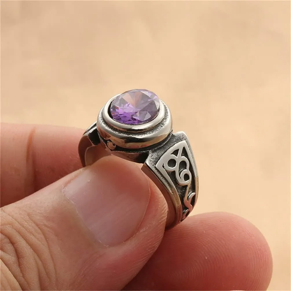 PAMTIER Unisex Stainless Steel Silver Vintage Classic Round Gemstone Signet Biker Wedding Ring