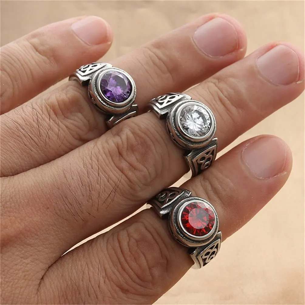 PAMTIER Unisex Stainless Steel Silver Vintage Classic Round Gemstone Signet Biker Wedding Ring