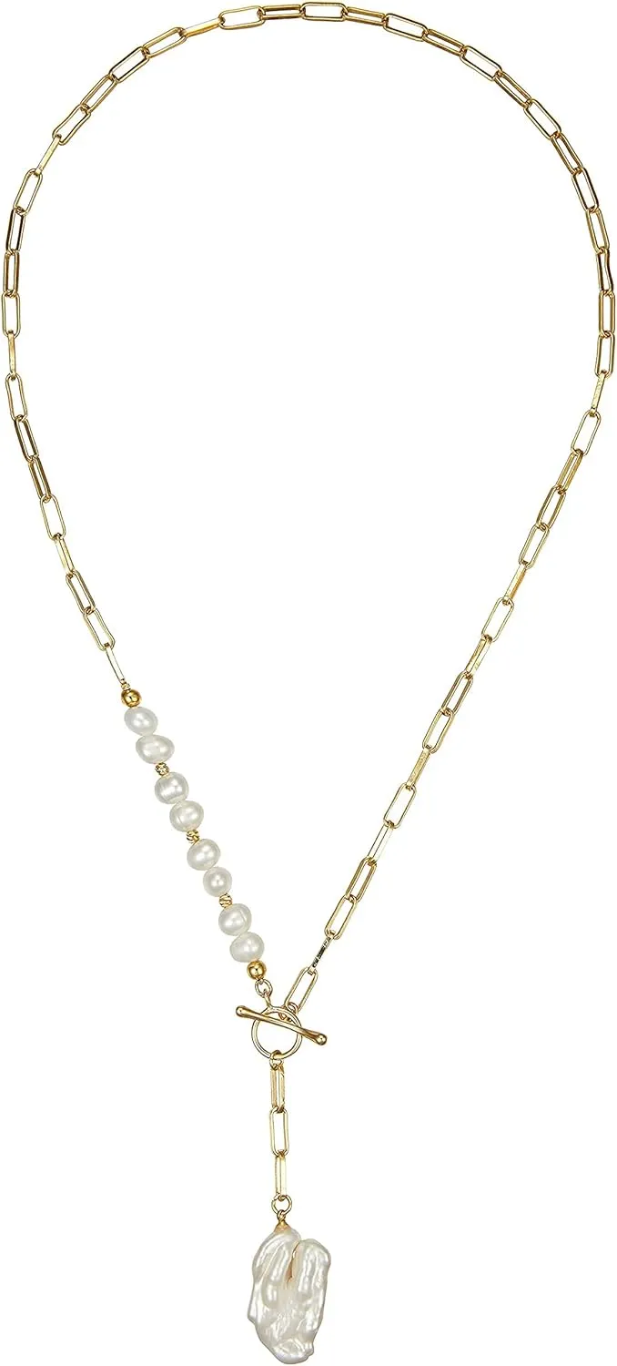 Paper Clip Necklace, Pearl Pendant Necklace 18k Gold Plated Chunky Chain 3cm Irregular Pearl Charm Vintage Stylish Necklace for Women Girls