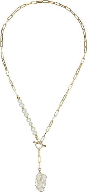Paper Clip Necklace, Pearl Pendant Necklace 18k Gold Plated Chunky Chain 3cm Irregular Pearl Charm Vintage Stylish Necklace for Women Girls