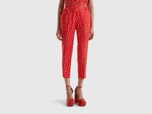 Patterned Cropped Tapered Fit Red Linen Trousers