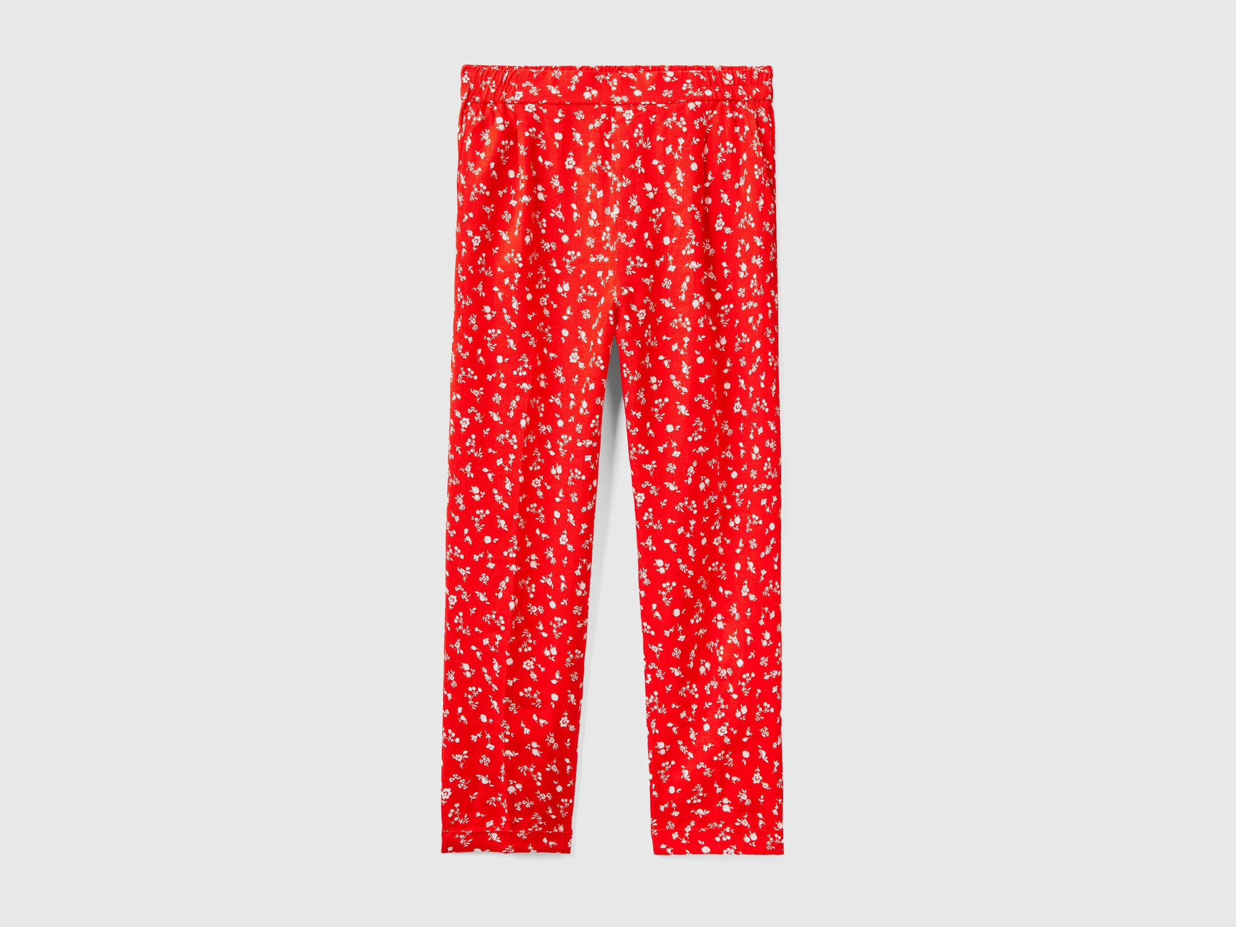Patterned Cropped Tapered Fit Red Linen Trousers