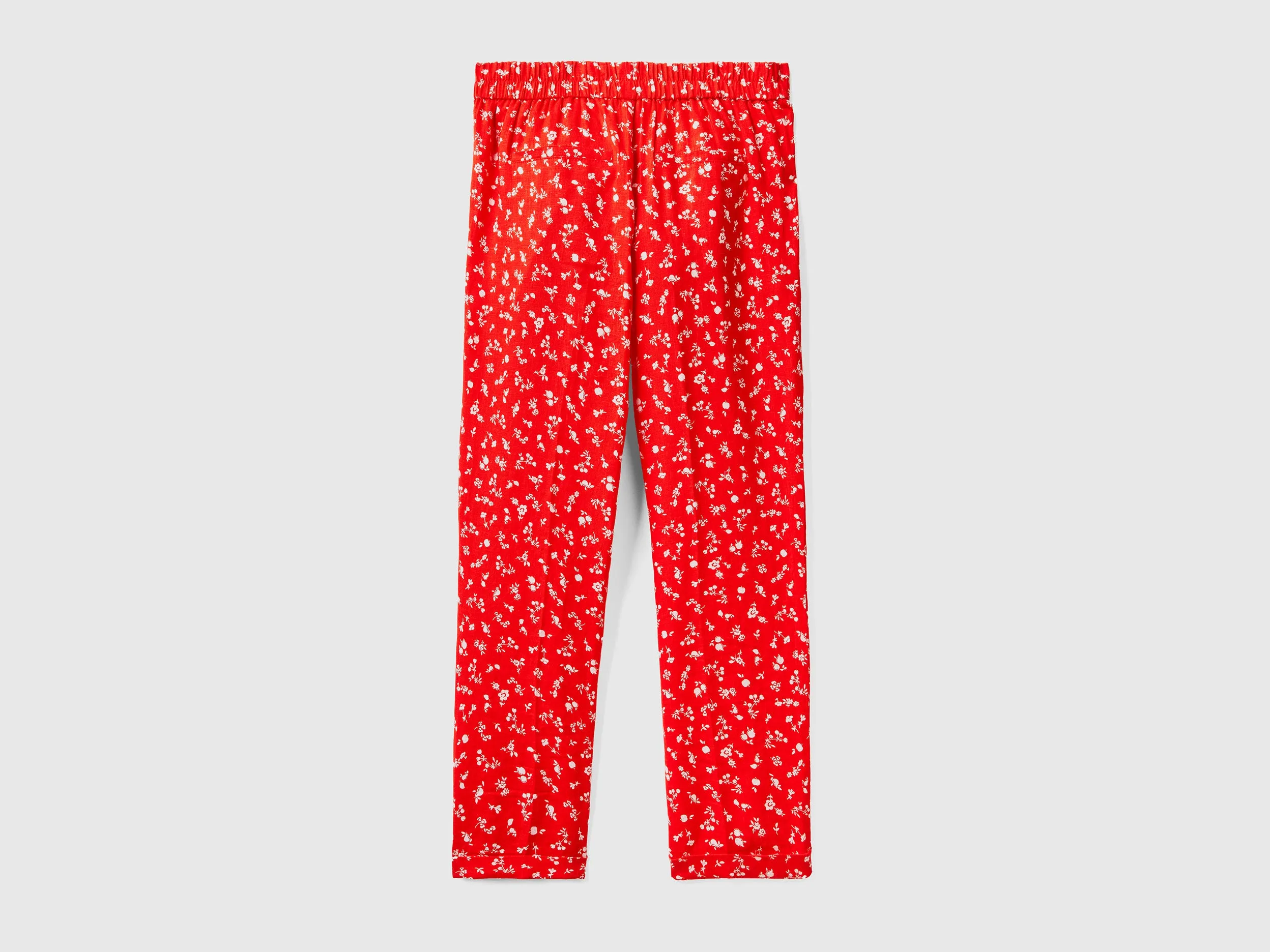 Patterned Cropped Tapered Fit Red Linen Trousers