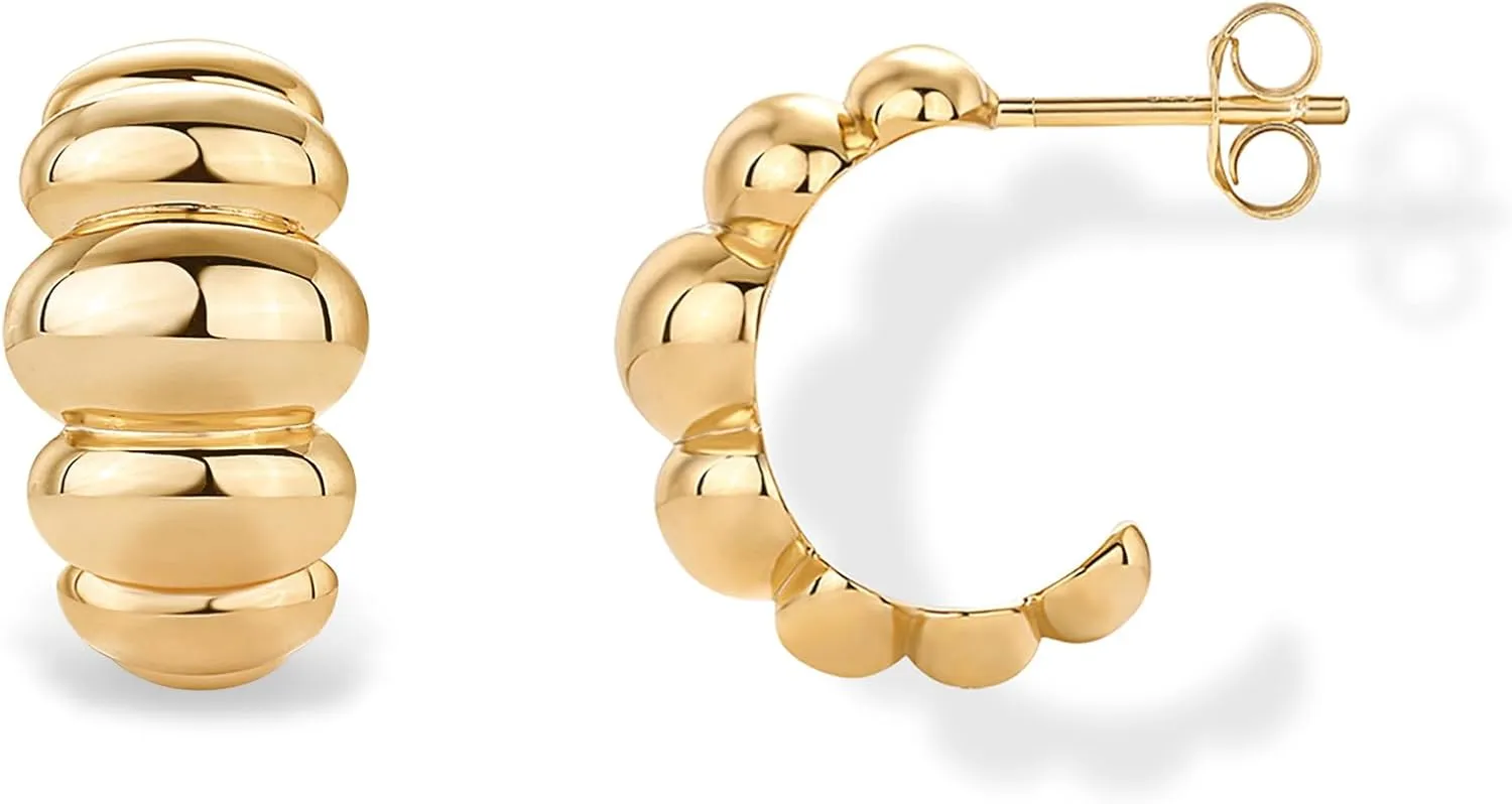 PAVOI 14K Gold Plated Bold Statement Hoop Earrings for Women - Trendy Boho Ribbed Croissant Scallop Peach Puffy Jewelry Chunky Gold Earrings