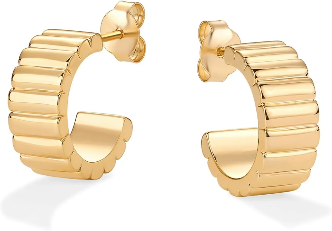 PAVOI 14K Gold Plated Bold Statement Hoop Earrings for Women - Trendy Boho Ribbed Croissant Scallop Peach Puffy Jewelry Chunky Gold Earrings