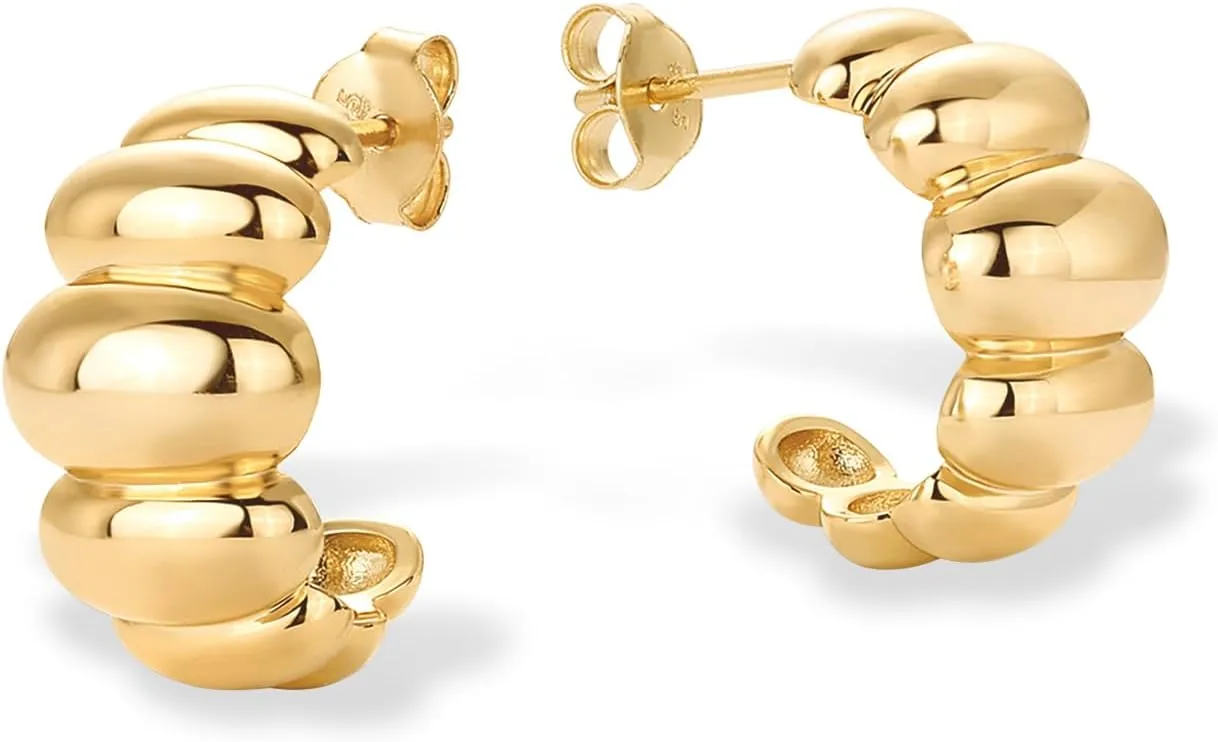 PAVOI 14K Gold Plated Bold Statement Hoop Earrings for Women - Trendy Boho Ribbed Croissant Scallop Peach Puffy Jewelry Chunky Gold Earrings
