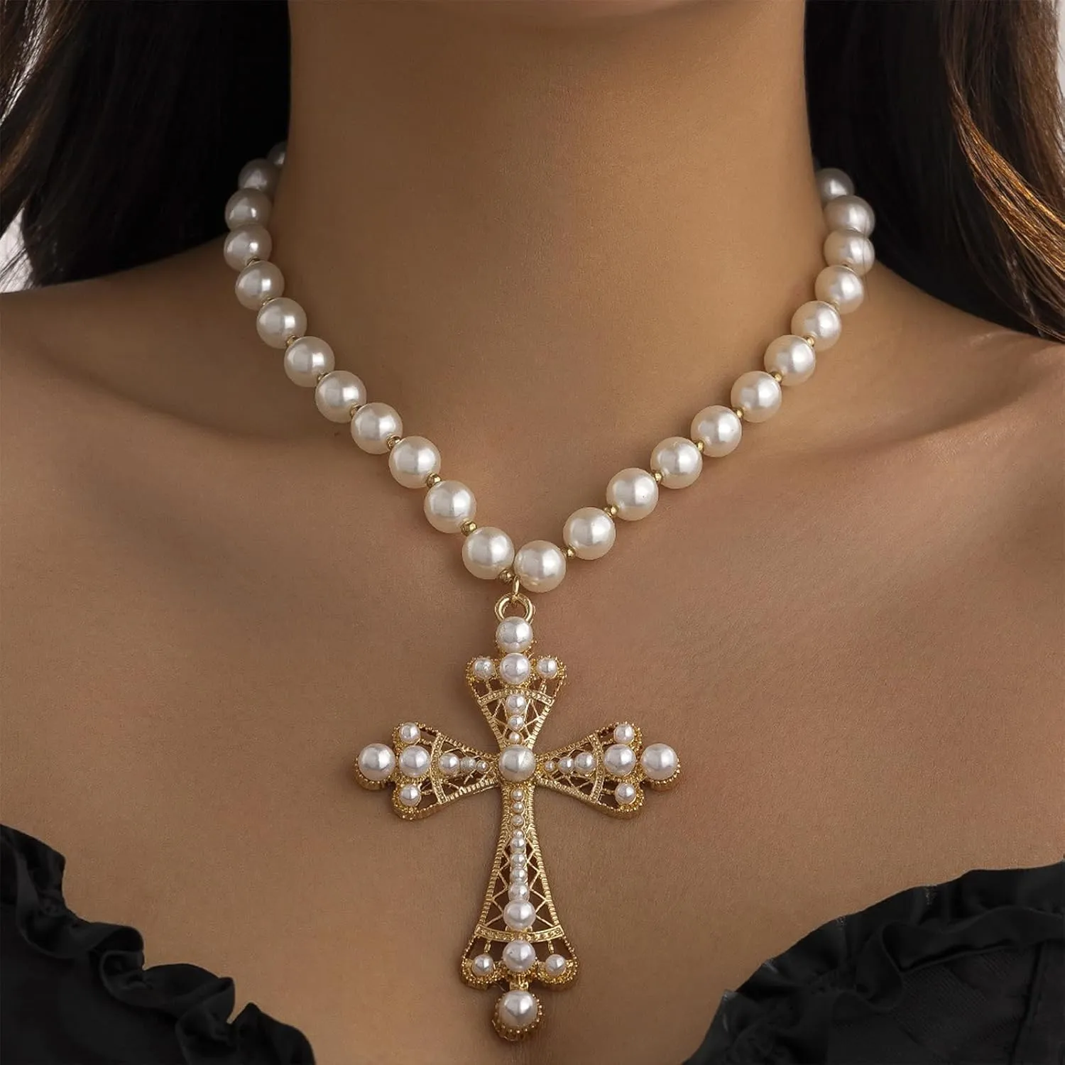 Pearl Cross Big Necklace for Women Gothic Gold Chunky Long Cross Pendant Necklaces Pearl Beads Chain Large Crucifix Dangle Punk Party for Women