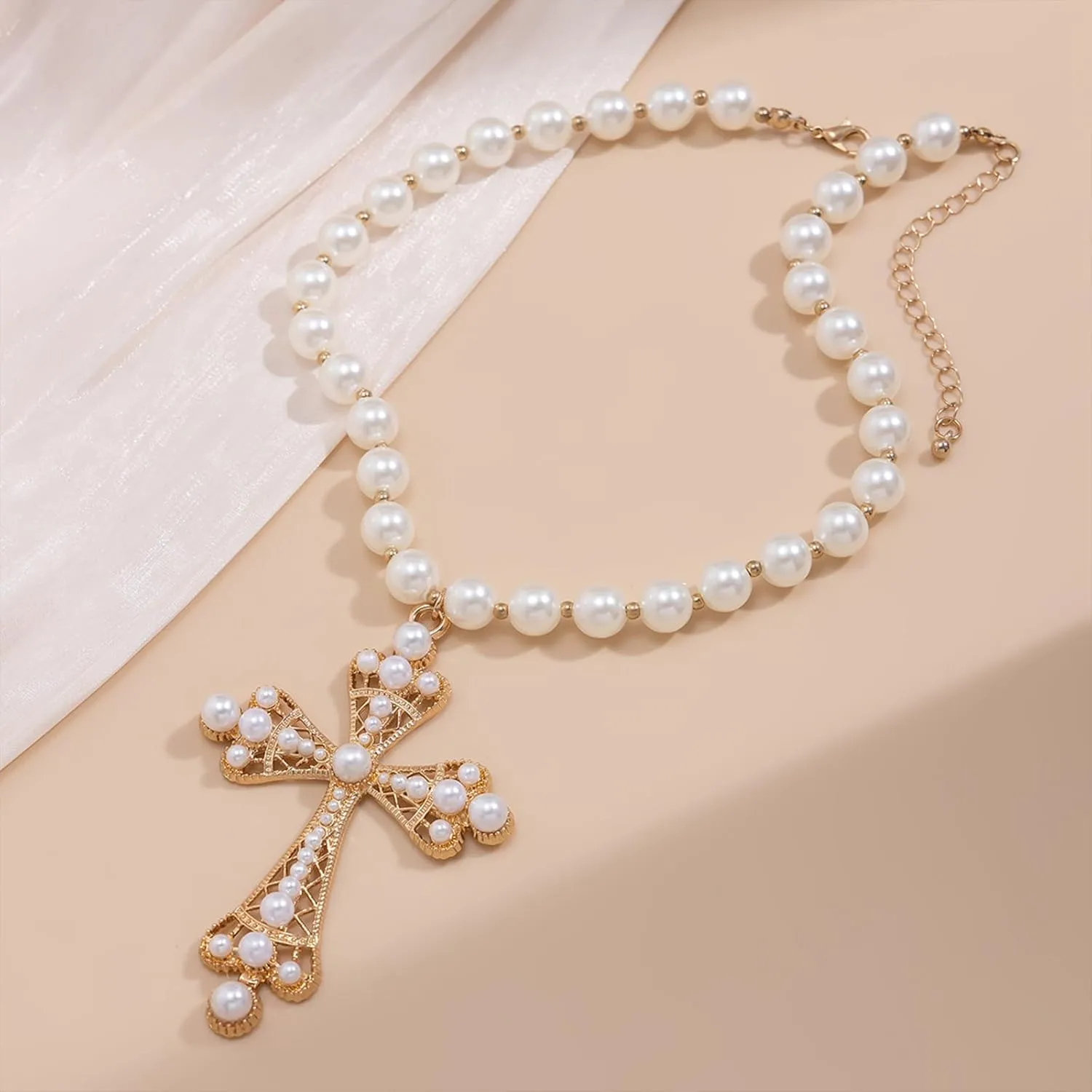 Pearl Cross Big Necklace for Women Gothic Gold Chunky Long Cross Pendant Necklaces Pearl Beads Chain Large Crucifix Dangle Punk Party for Women