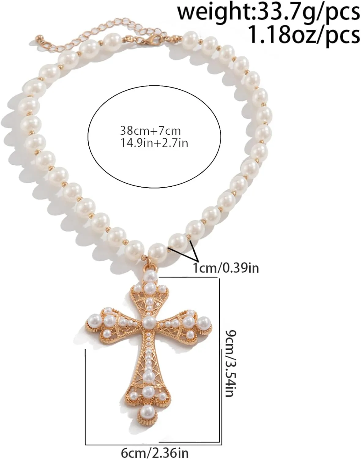 Pearl Cross Big Necklace for Women Gothic Gold Chunky Long Cross Pendant Necklaces Pearl Beads Chain Large Crucifix Dangle Punk Party for Women