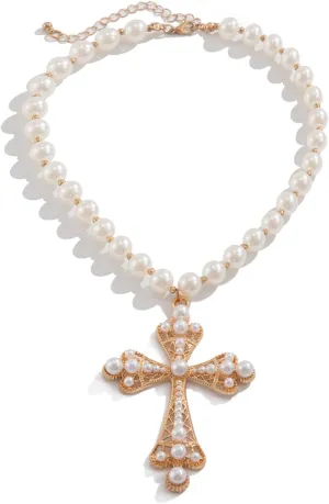 Pearl Cross Big Necklace for Women Gothic Gold Chunky Long Cross Pendant Necklaces Pearl Beads Chain Large Crucifix Dangle Punk Party for Women