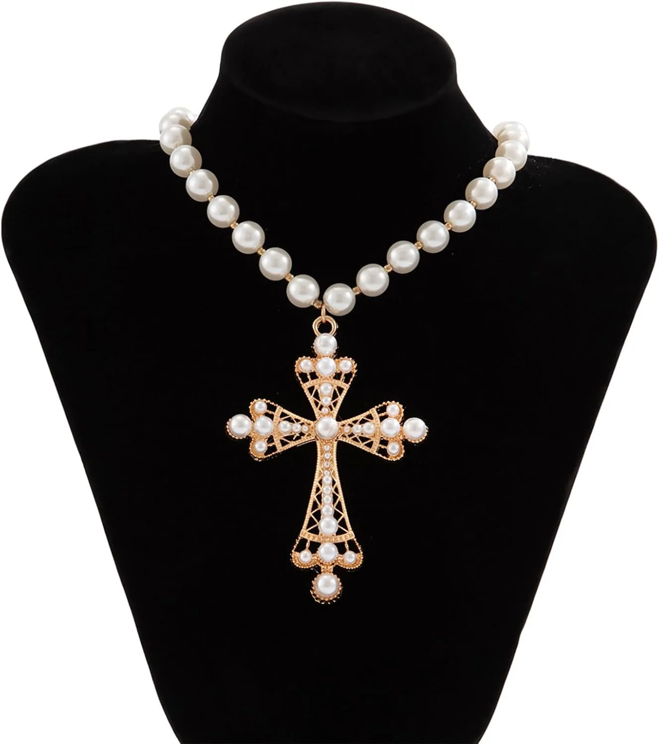 Pearl Cross Big Necklace for Women Gothic Gold Chunky Long Cross Pendant Necklaces Pearl Beads Chain Large Crucifix Dangle Punk Party for Women