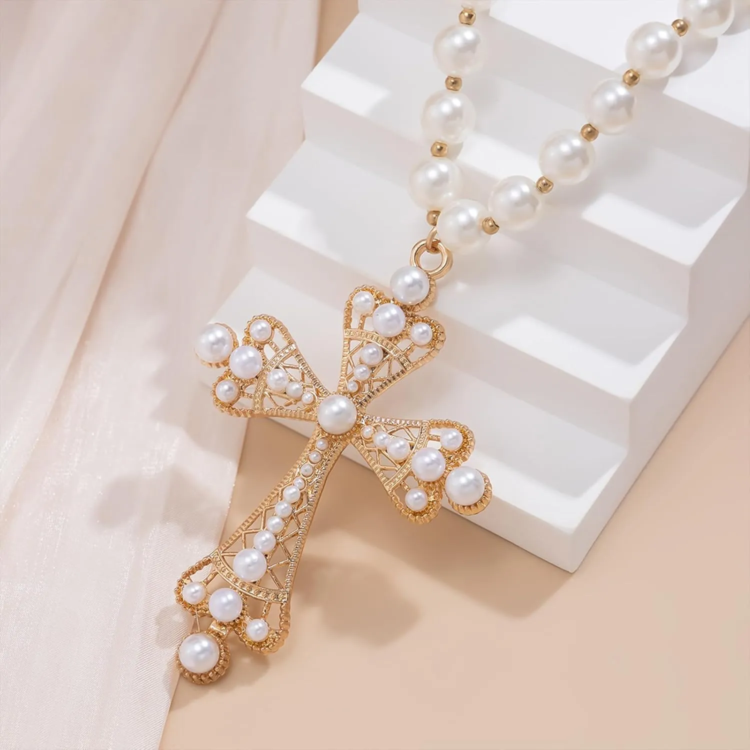 Pearl Cross Big Necklace for Women Gothic Gold Chunky Long Cross Pendant Necklaces Pearl Beads Chain Large Crucifix Dangle Punk Party for Women