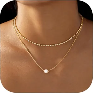 Pearl Necklace for Women, 14k Gold Plated Pearl Choker Necklace for Women Simple Gold Layered Cubic Zirconia Necklaces Delicate Gold Jewelry Gift for Women