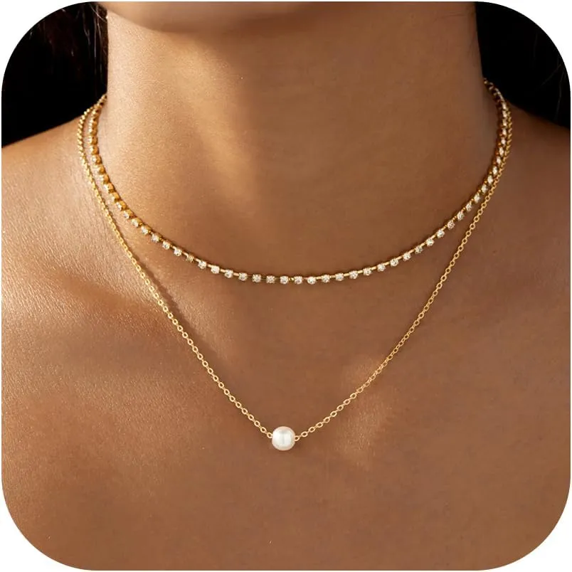 Pearl Necklace for Women, 14k Gold Plated Pearl Choker Necklace for Women Simple Gold Layered Cubic Zirconia Necklaces Delicate Gold Jewelry Gift for Women