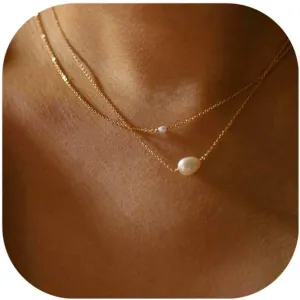 Pearl Necklaces for Women, 14K Gold Plated Handmade Dainty Pearl Chain Necklace Delicate Freshwater Pearl Pendent Necklace for Women Everyday Jewelry Gift