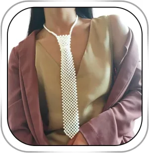 Pearl Tie Necklace White Pearls Necklaces Faux Weaving Necktie Beaded Collar Necklace Pearl Scarf Tie Costume Body Accessories for Women