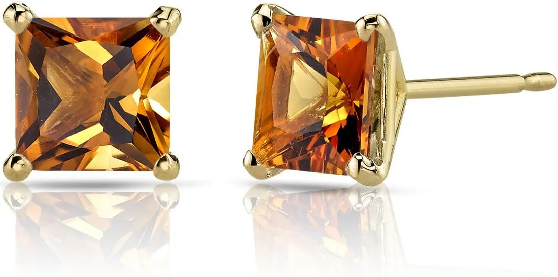 Peora 14K Yellow Gold Genuine Citrine Stud Earrings for Women, 2 Carats Princess Cut Classic Solitaire, AAA Grade, Friction Back, November Birthstone Earrings Gift, Yellow Citrine Gold Stud Earrings