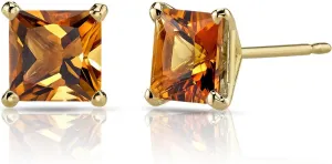 Peora 14K Yellow Gold Genuine Citrine Stud Earrings for Women, 2 Carats Princess Cut Classic Solitaire, AAA Grade, Friction Back, November Birthstone Earrings Gift, Yellow Citrine Gold Stud Earrings