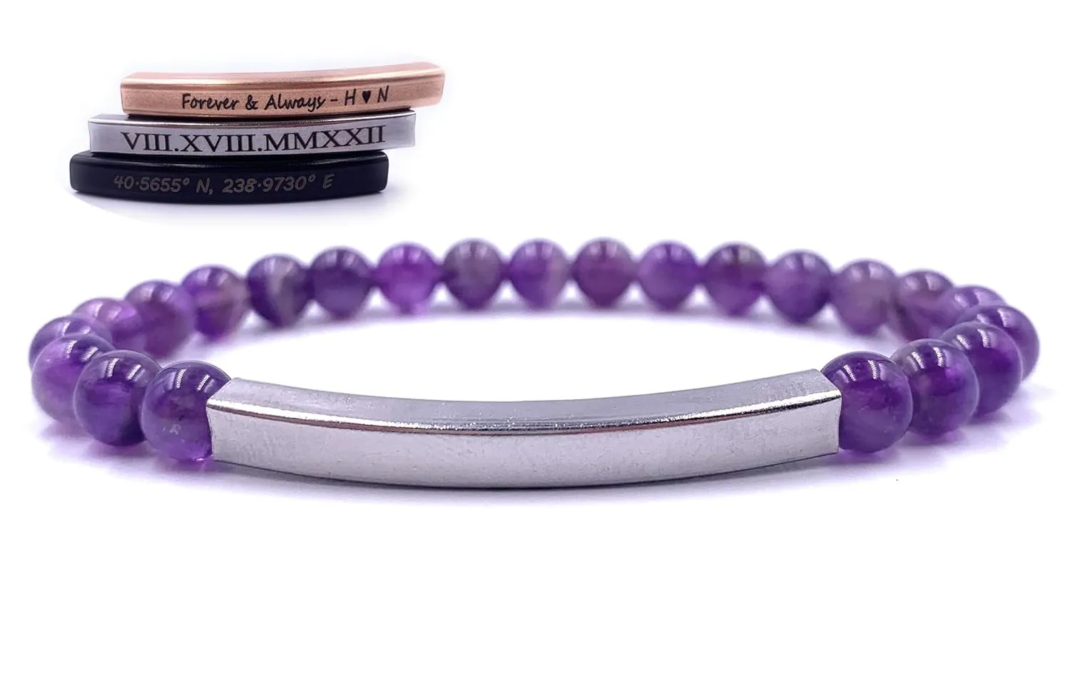 Personalized Beaded Bracelets, 6mm Gemstone Bracelet, Laser Engraved Bracelet, Customized Beaded Bracelet, Personalized Jewelry Gifts (Amethyst)