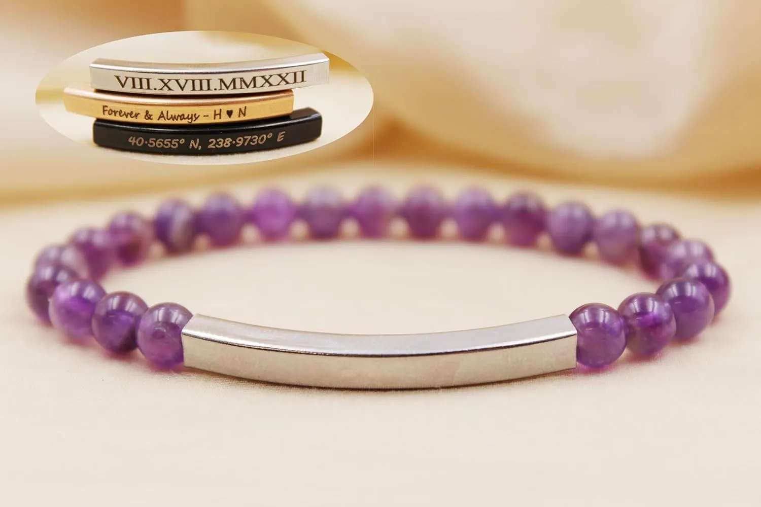 Personalized Beaded Bracelets, 6mm Gemstone Bracelet, Laser Engraved Bracelet, Customized Beaded Bracelet, Personalized Jewelry Gifts (Amethyst)