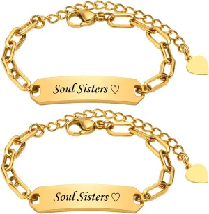 Personalized Best Friend Bracelets for 2-Personalized Initial Nameplate Gold Plated Stainless Steel Bar ID Adjustable Heart Tail Links Bracelets,BFF Friendship Birthday Bridesmaid Gift