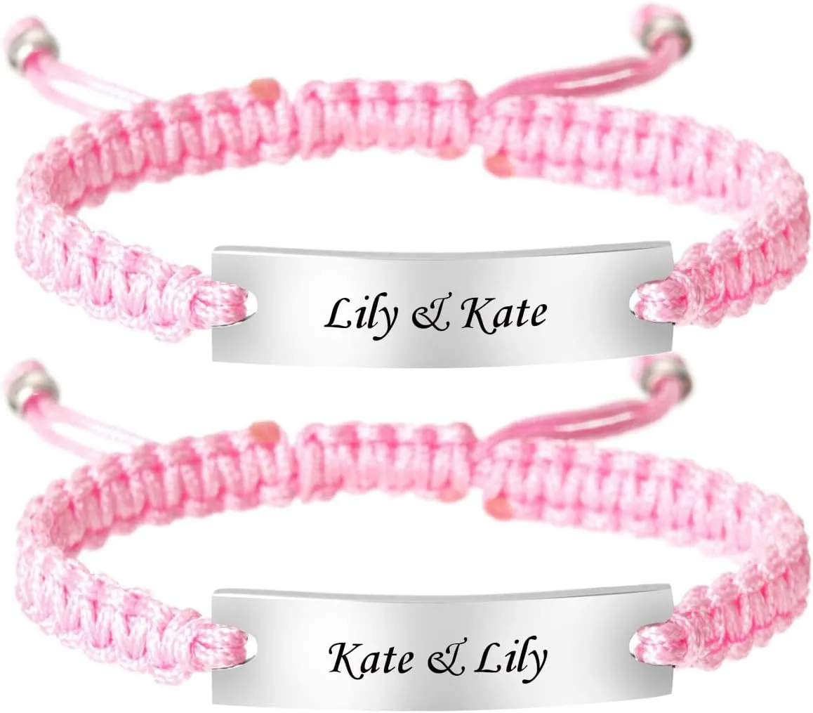 Personalized BFF Bracelets for 2-Personalized Initial Handmade Braided Rope Stainless Steel ID Bar Friendship Adjustable Bracelets for Sisters