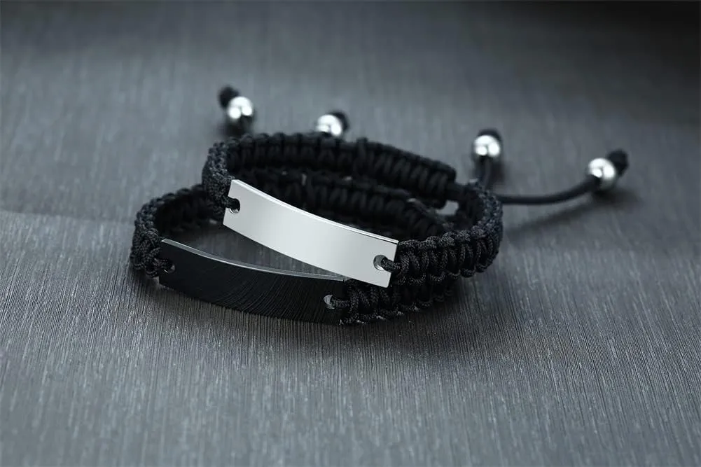 Personalized BFF Bracelets for 2-Personalized Initial Handmade Braided Rope Stainless Steel ID Bar Friendship Adjustable Bracelets for Sisters