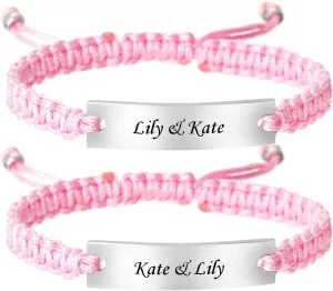 Personalized BFF Bracelets for 2-Personalized Initial Handmade Braided Rope Stainless Steel ID Bar Friendship Adjustable Bracelets for Sisters