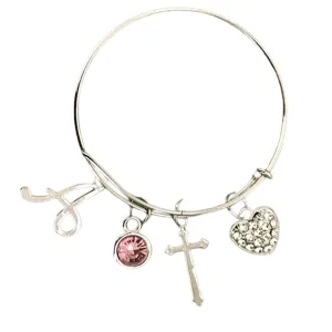 Personalized Christian Cross Bracelet with Birthstone & Letter Charm, Handmade Custom Love Cross Charm Jewelry, Makes the Frist Communion, Baptism & Christening Gift for Girls