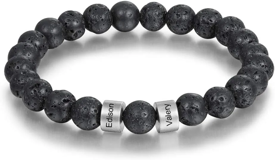 Personalized Custom Name Bracelets for Men - Natural Stone 8mm Tiger Eye | Lava Rock Bracelets for Men Son Dad Gifts Birthday Father's Day