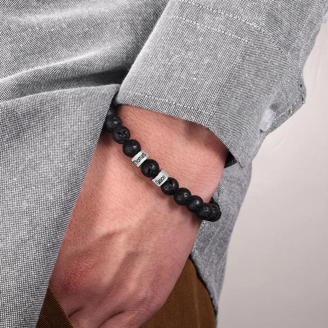 Personalized Custom Name Bracelets for Men - Natural Stone 8mm Tiger Eye | Lava Rock Bracelets for Men Son Dad Gifts Birthday Father's Day