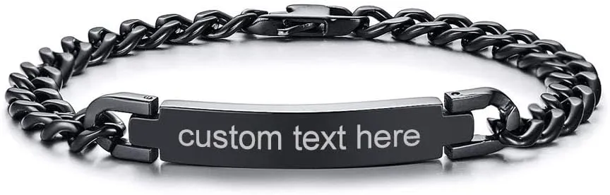 Personalized Engravable Stainless Steel Curb Chain ID Bracelets for Men Women, Custom Engrave Name Plate Identity ID Bar Bracelets