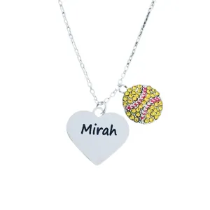 Personalized Engraved Softball Necklace with Name & Number, Custom Softball Gift, Softball Pendent Jewelry, Softball Players & Team Gifts (Rhinestone Ball)