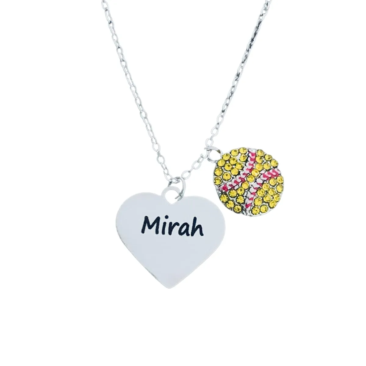 Personalized Engraved Softball Necklace with Name & Number, Custom Softball Gift, Softball Pendent Jewelry, Softball Players & Team Gifts (Rhinestone Ball)