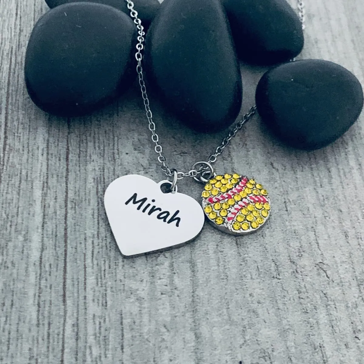 Personalized Engraved Softball Necklace with Name & Number, Custom Softball Gift, Softball Pendent Jewelry, Softball Players & Team Gifts (Rhinestone Ball)