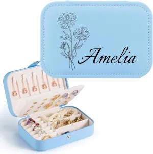 Personalized Jewelry Box for Women, Custom Travel Case With Name and Birth Flower, Organizer for Bridesmaid Proposal Gifts
