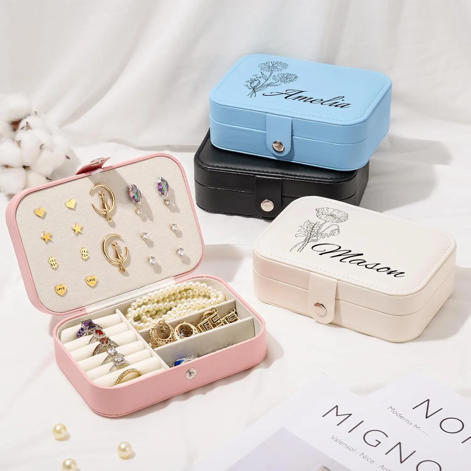 Personalized Jewelry Box for Women, Custom Travel Case With Name and Birth Flower, Organizer for Bridesmaid Proposal Gifts