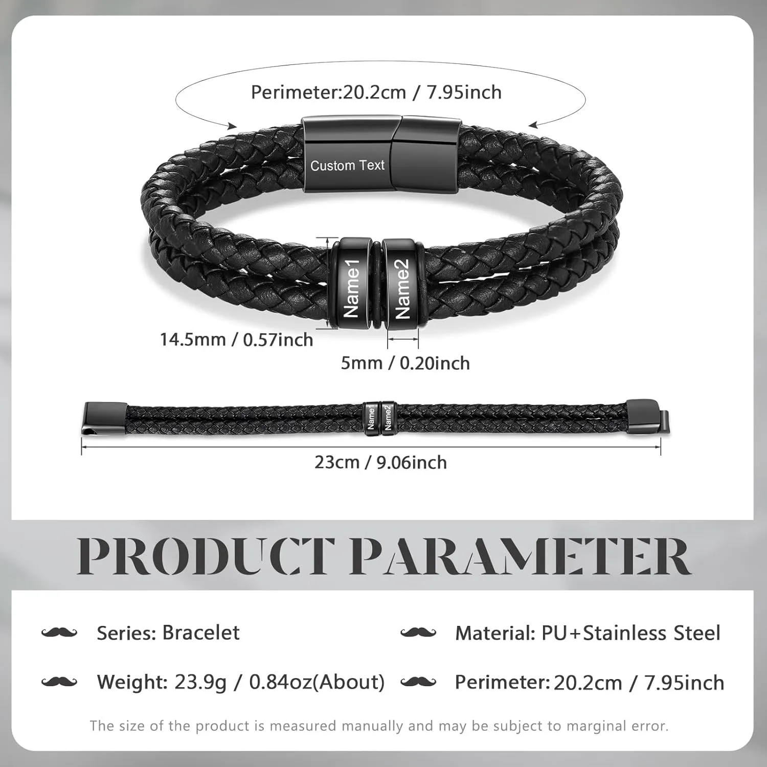 Personalized Leather Bracelet for Men Custom Engraved 2-6 Names Braided Dad Bracelet Unique Father's Day Gift for Dad, Husband, Boyfriend