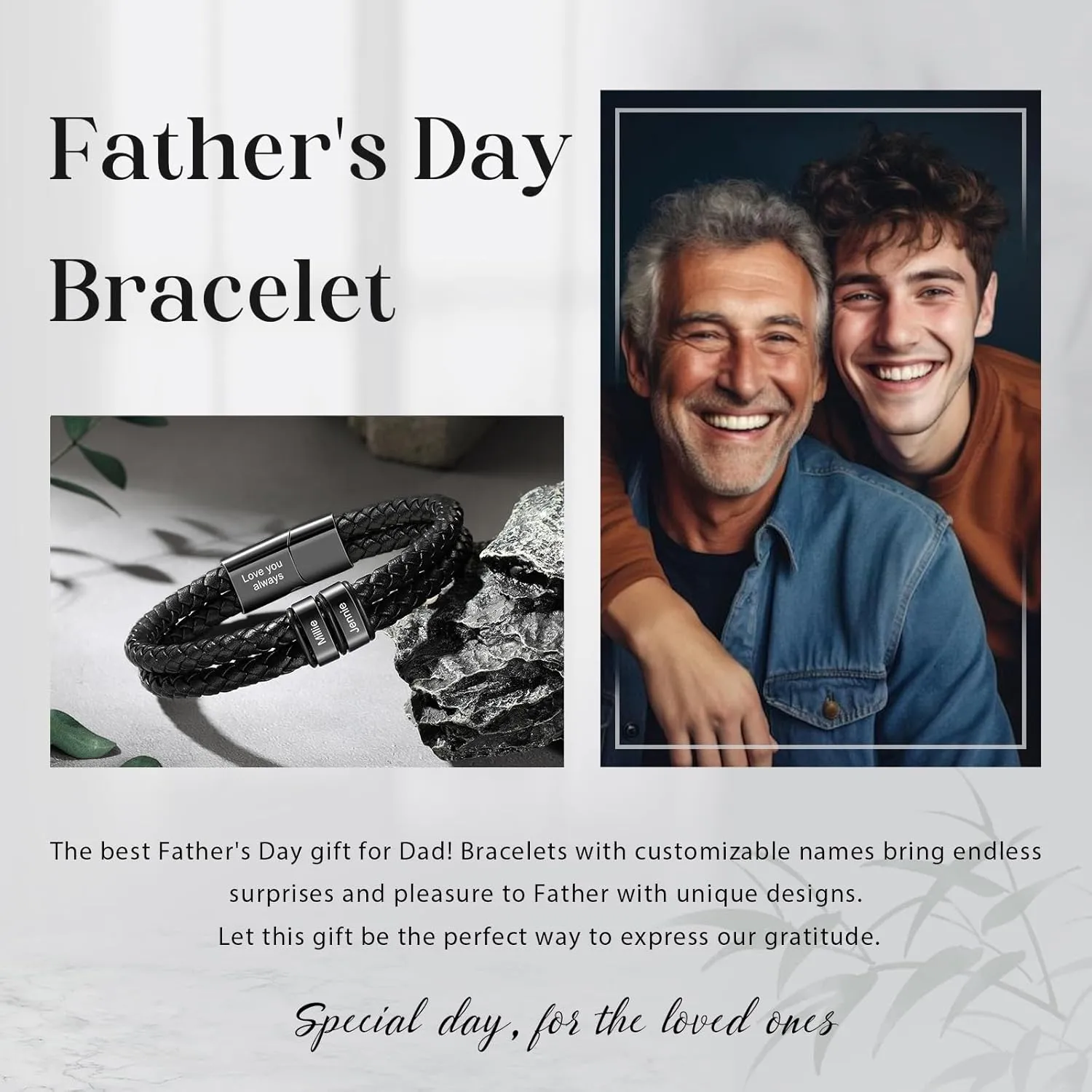Personalized Leather Bracelet for Men Custom Engraved 2-6 Names Braided Dad Bracelet Unique Father's Day Gift for Dad, Husband, Boyfriend