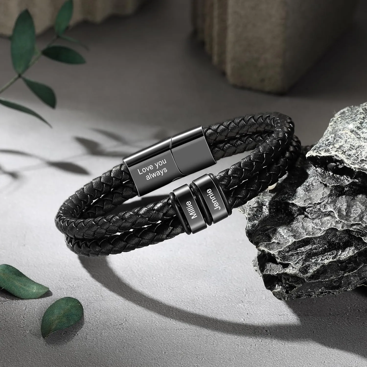 Personalized Leather Bracelet for Men Custom Engraved 2-6 Names Braided Dad Bracelet Unique Father's Day Gift for Dad, Husband, Boyfriend