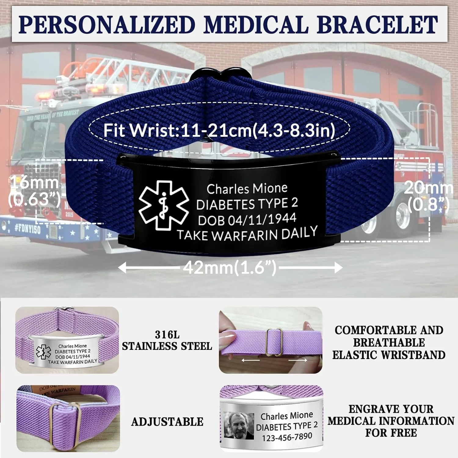 Personalized Medical Alert Bracelet for Men Custom Engraved Medic Info Id Bracelet for Women Customized Emergency Medical Bracelets Adjustable Diabetic Wristband Picture Logo Text