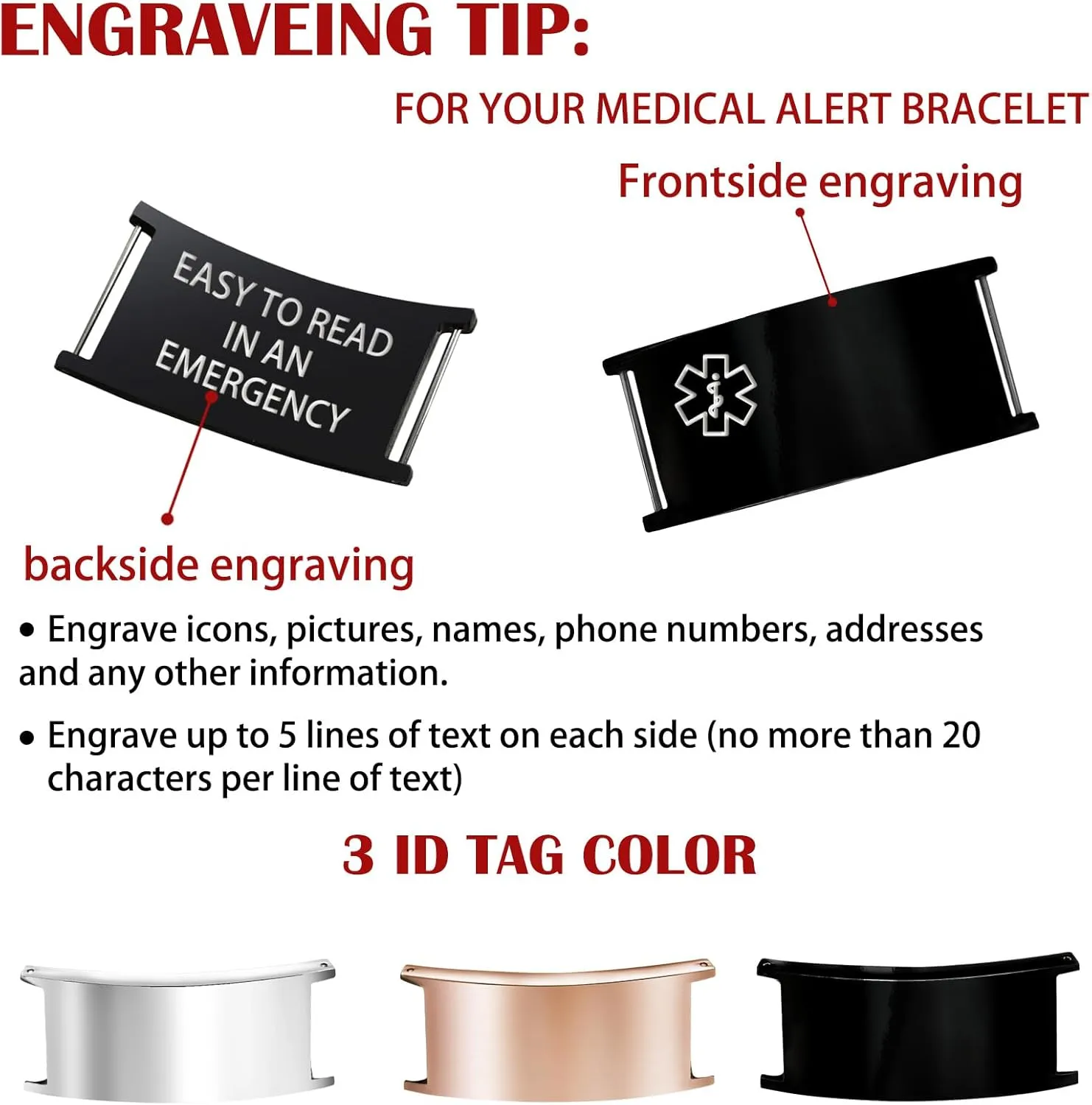 Personalized Medical Alert Bracelet for Men Custom Engraved Medic Info Id Bracelet for Women Customized Emergency Medical Bracelets Adjustable Diabetic Wristband Picture Logo Text