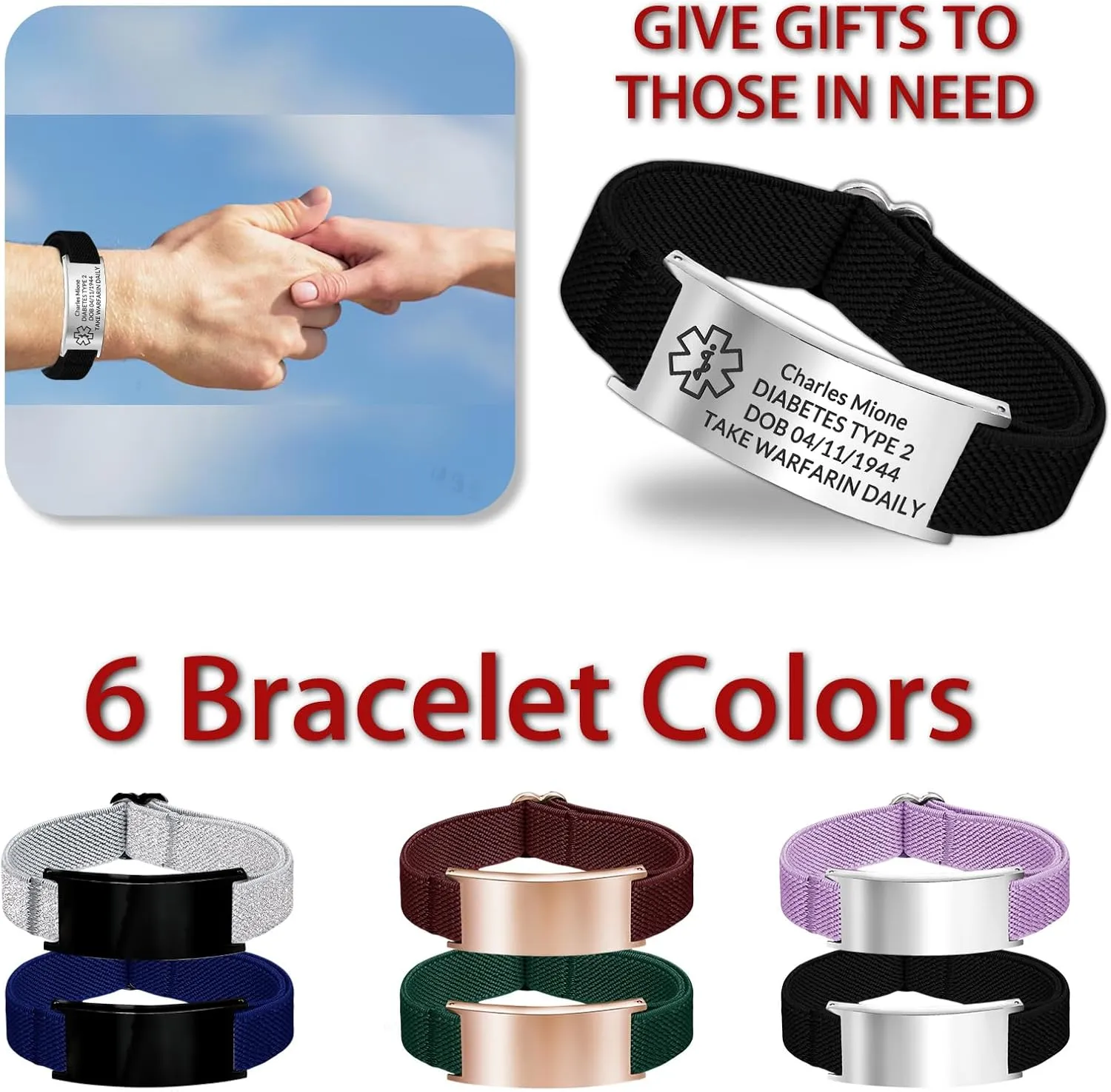 Personalized Medical Alert Bracelet for Men Custom Engraved Medic Info Id Bracelet for Women Customized Emergency Medical Bracelets Adjustable Diabetic Wristband Picture Logo Text
