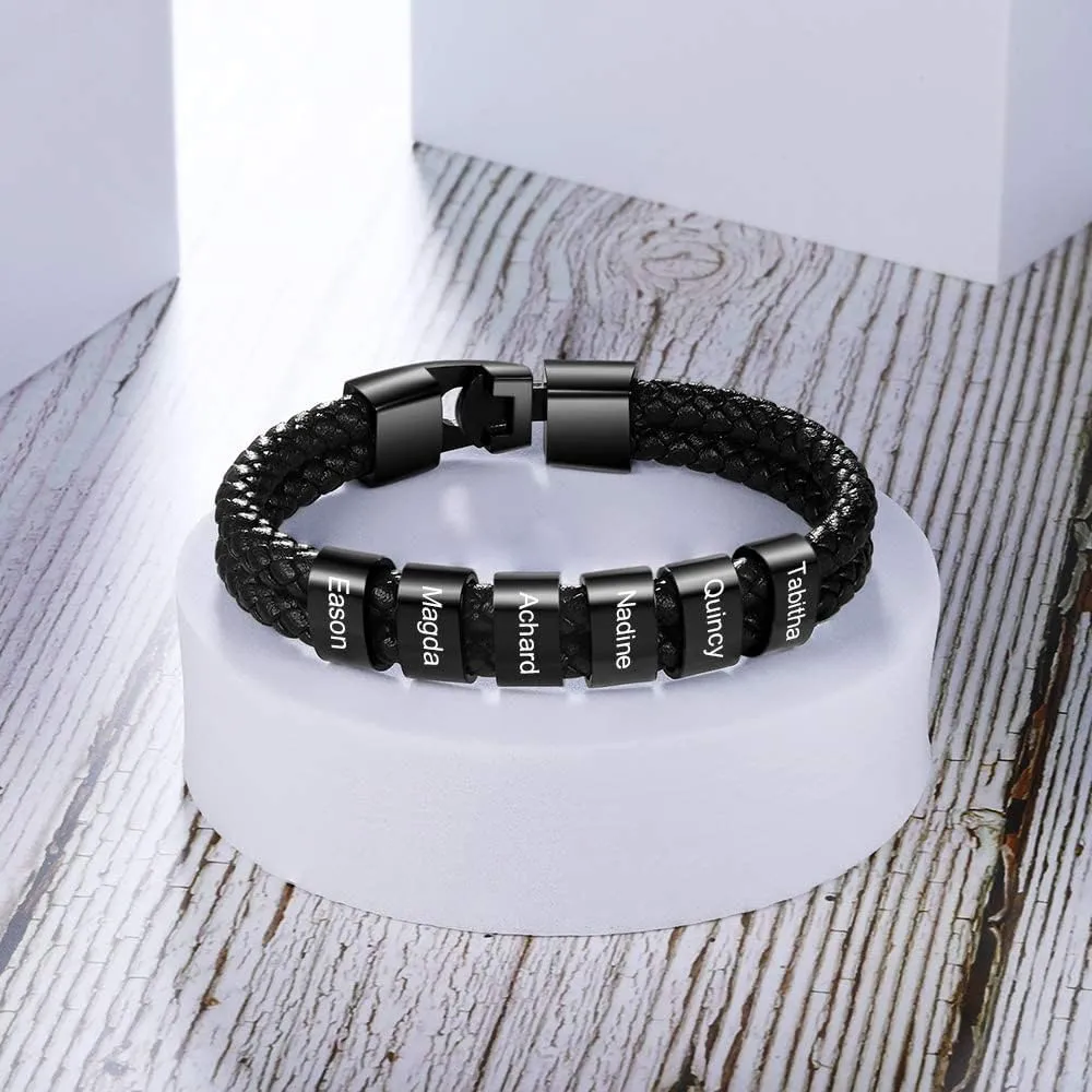 Personalized Mens Bracelets Black Braid Leather Bracelets for Men with 1-8 Names Customized Beads Custom ID Bracelet for Men