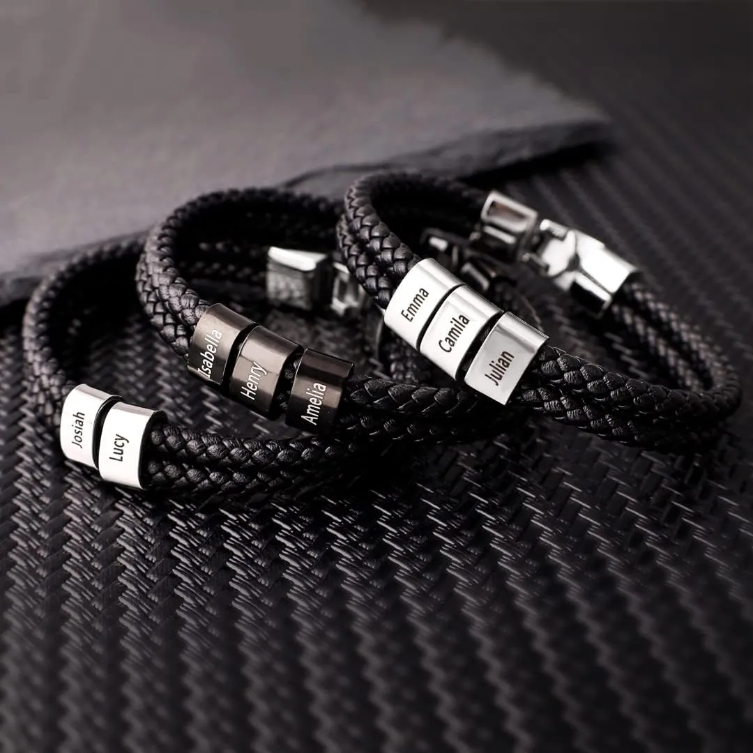 Personalized Mens Bracelets Black Braid Leather Bracelets for Men with 1-8 Names Customized Beads Custom ID Bracelet for Men