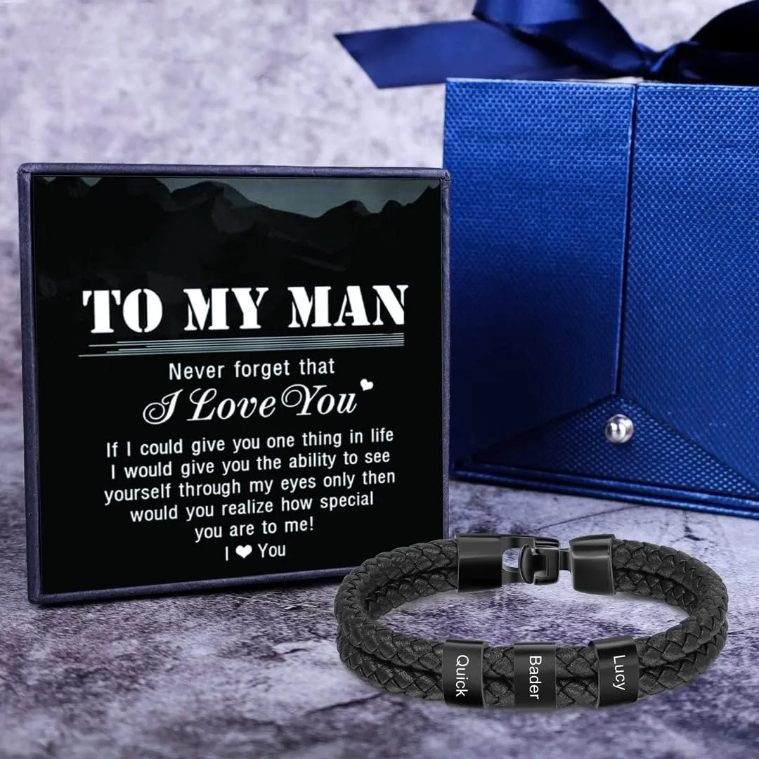 Personalized Mens Bracelets Black Braid Leather Bracelets for Men with 1-8 Names Customized Beads Custom ID Bracelet for Men