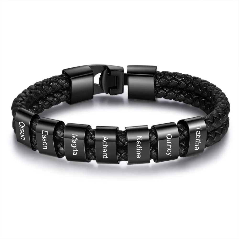Personalized Mens Bracelets Black Braid Leather Bracelets for Men with 1-8 Names Customized Beads Custom ID Bracelet for Men