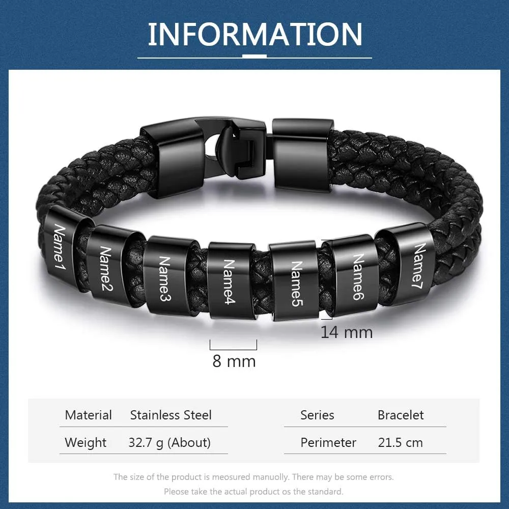 Personalized Mens Bracelets Black Braid Leather Bracelets for Men with 1-8 Names Customized Beads Custom ID Bracelet for Men